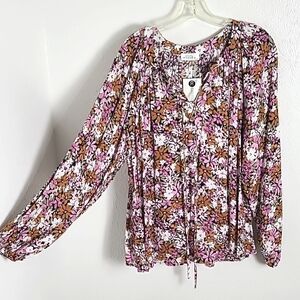 Emily Wonder Fall Bouquet Top, Pink, White, Rust, Tie & Loophole, Size 1X, NWT